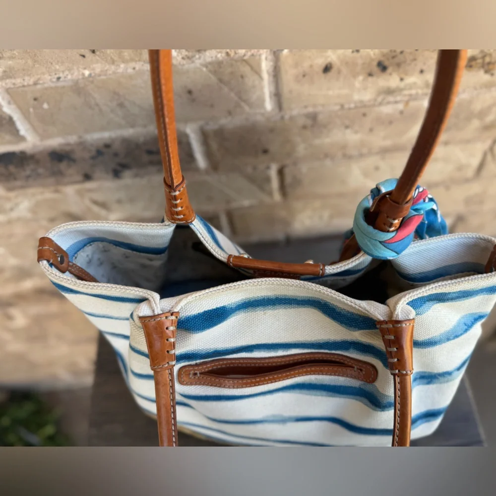 Brighton Espadrille Blue and White Striped Nautical Tote with Tan Handles - Picture 10 of 16